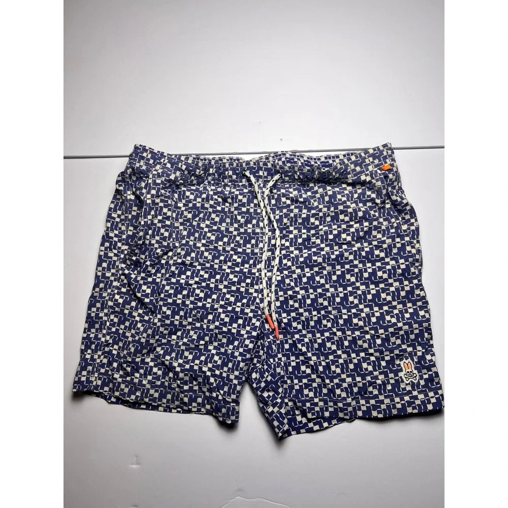 Psycho Bunny Swim Trunks Mens Medium Navy Cream Geometric Checkerboard Logo